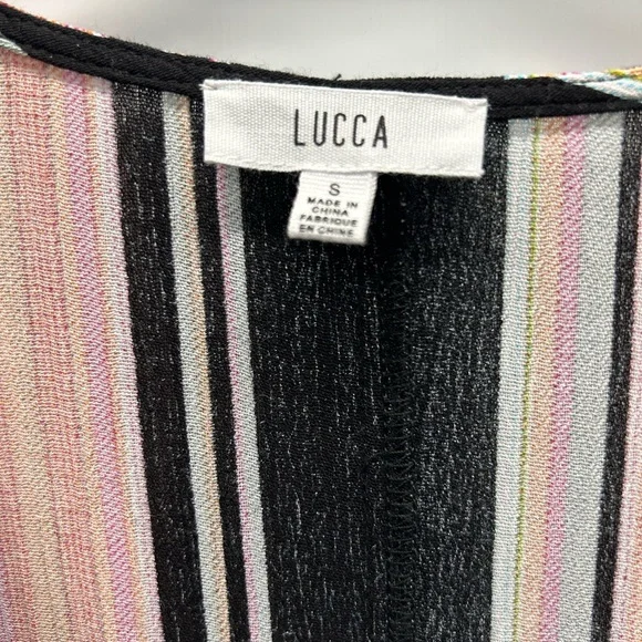 LUCCA NWT STRIPED PEACH & BLACK DEEP V-NECK WIDE CAFTAN SLEEVES SZ: SMALL - Picture 5 of 8